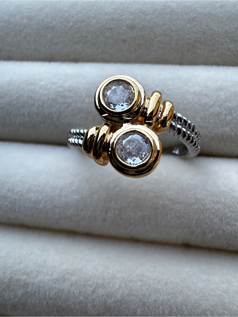 Two-Tone Silver/Gold Tone Bezel-Set Crystal Double Stone Band Ring Size 7